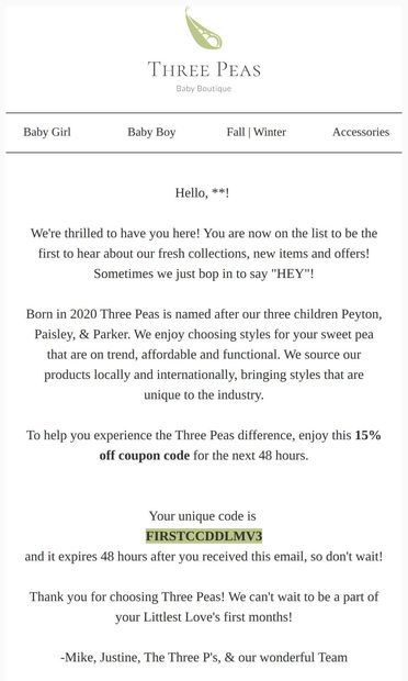 Welcome To Three Peas + 15% Off 🌱 - email from Three Peas