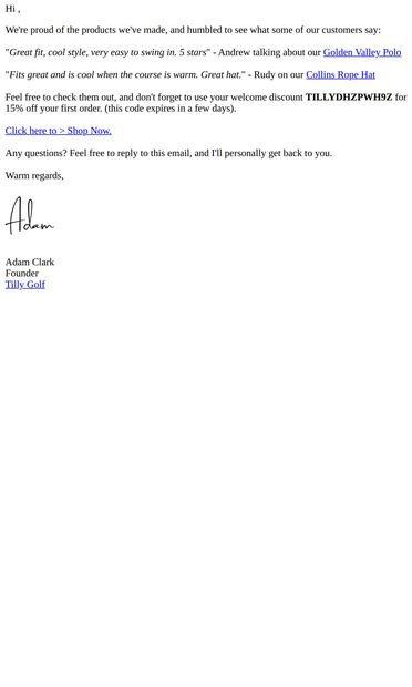 why golfers love us - email from Tilly Golf