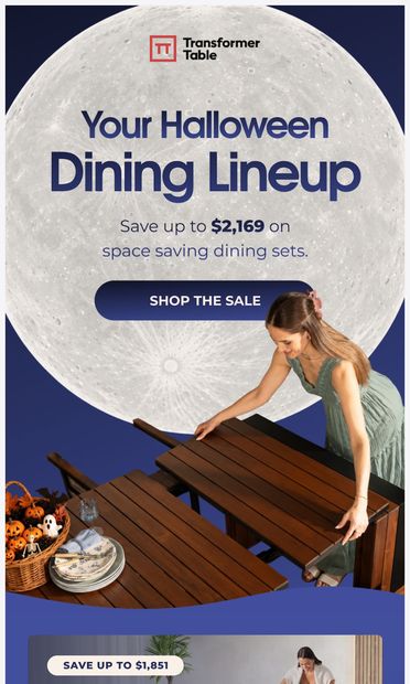 Your next dining set is on sale  🎃 - email from Transformer Table
