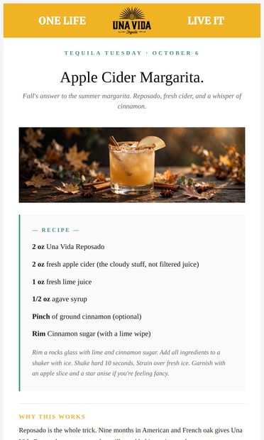 Apple Cider Margarita: fall's finest cocktail. - email from Una Vida Tequila