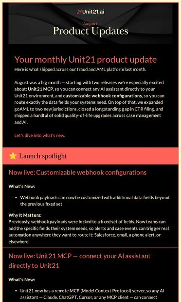 Unit21 MCP Is Here + Customizable Webhook Configs Are Live - email from Unit21