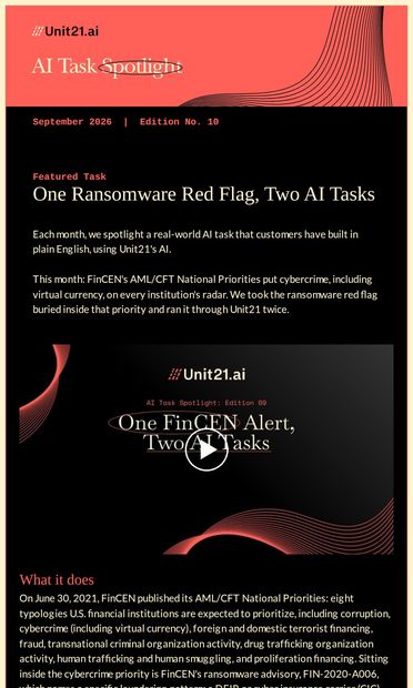 FinCEN's ransomware red flag, investigated and turned into a rule - email from Unit21