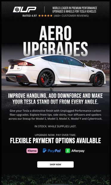 Carbon Fiber Aero, Engineered for Every Tesla. Shipping ASAP! - email from Unplugged Performance