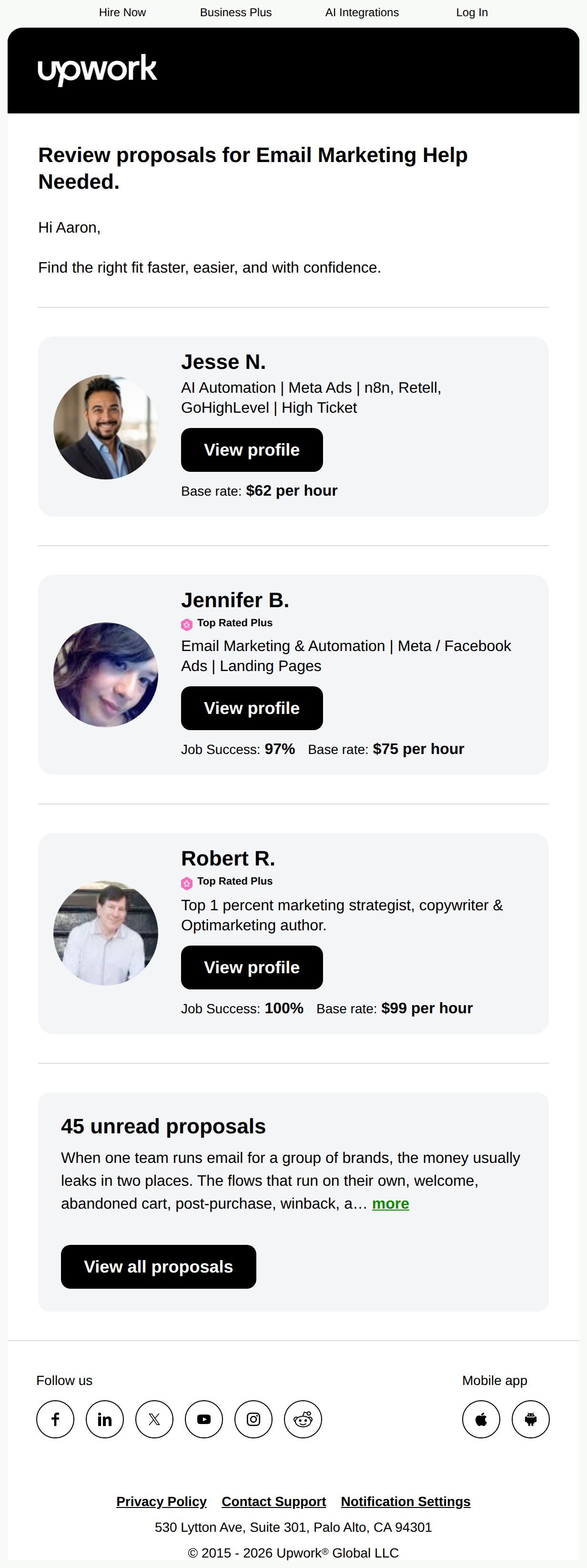 Review top proposals for Email Marketing Help Needed - email from Upwork