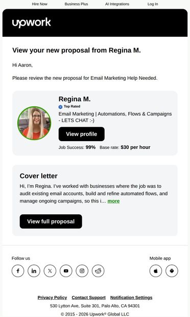 You have received a new proposal - email from Upwork