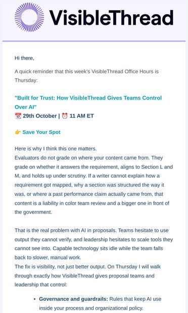 Next live session: Built for Trust: How VisibleThread Gives Teams
Control Over AI - email from VisibleThread