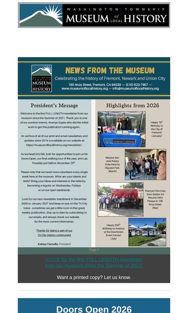 September & Our Newsletter (from WTMLH) - email from Washington Township Museum of Local History