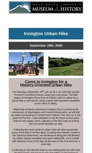Last Walking Tour for 2026! - email from Washington Township Museum of Local History