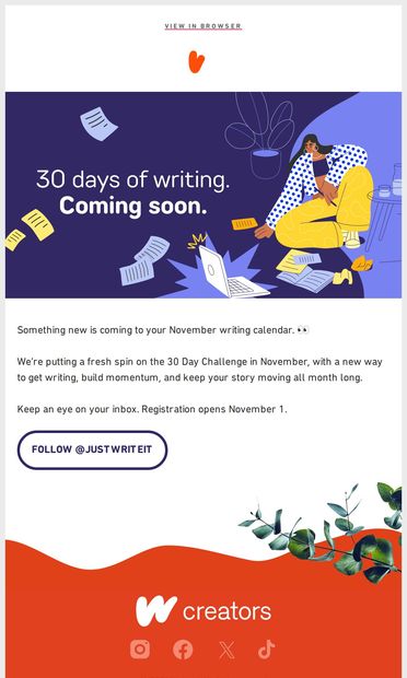 Coming soon: November writing challenge ✍️ - email from Wattpad Creators