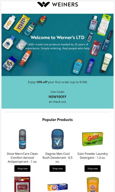 Welcome! Here's 10% off your first order - email from Weiner's LTD