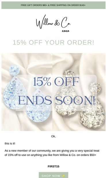 Last chance to get 15% off - email from Willow & Co.