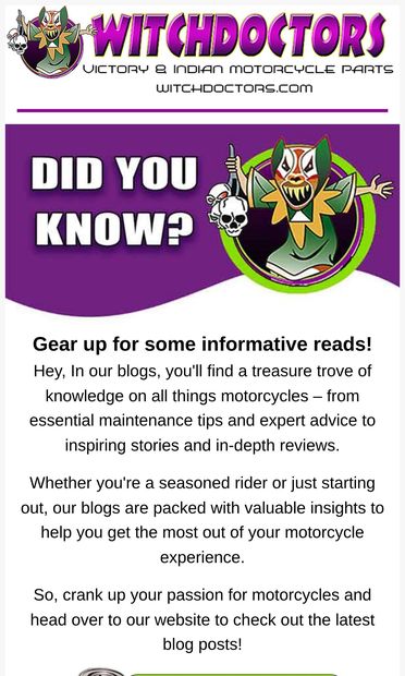 Hey, Gear up for knowledge 🔥 - email from Witchdoctors Victory & Indian Motorcycle Parts & Accessories
