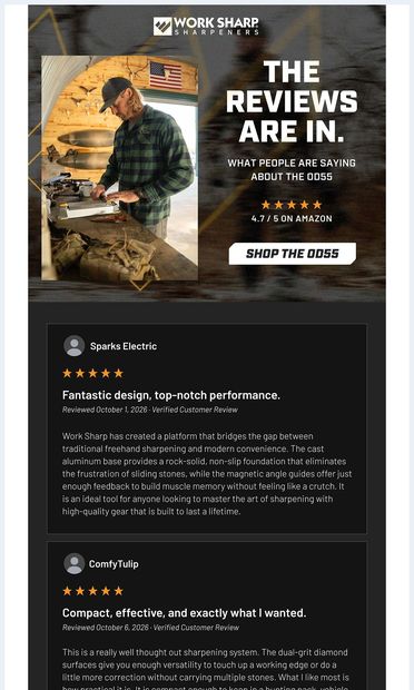 4.7 stars. New OD55 owners speak up. - email from Work Sharp Tools