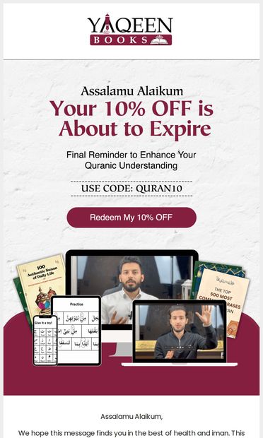Your 10% OFF is About to Expire 🕐 - email from Yaqeen Books