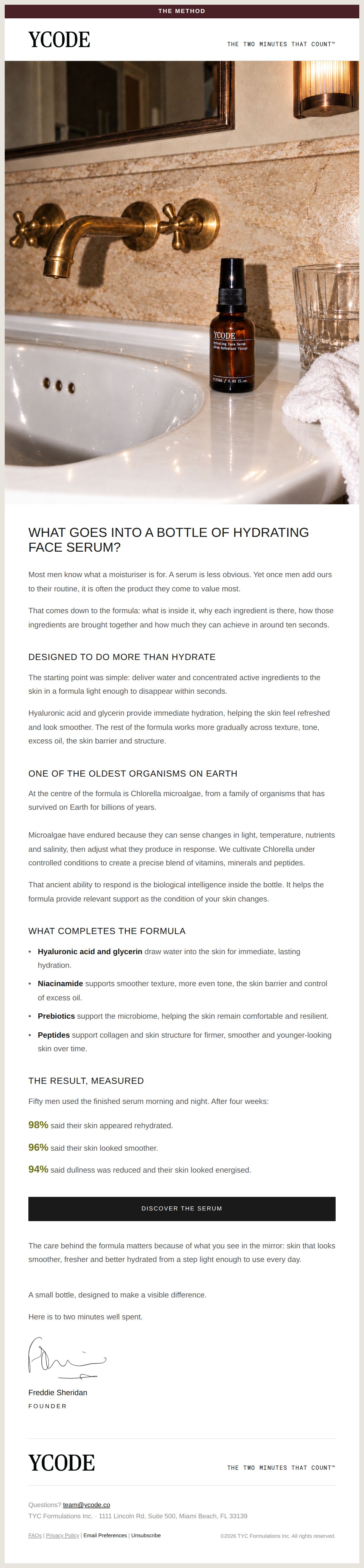 What goes into a bottle of Hydrating Face Serum? - email from YCODE